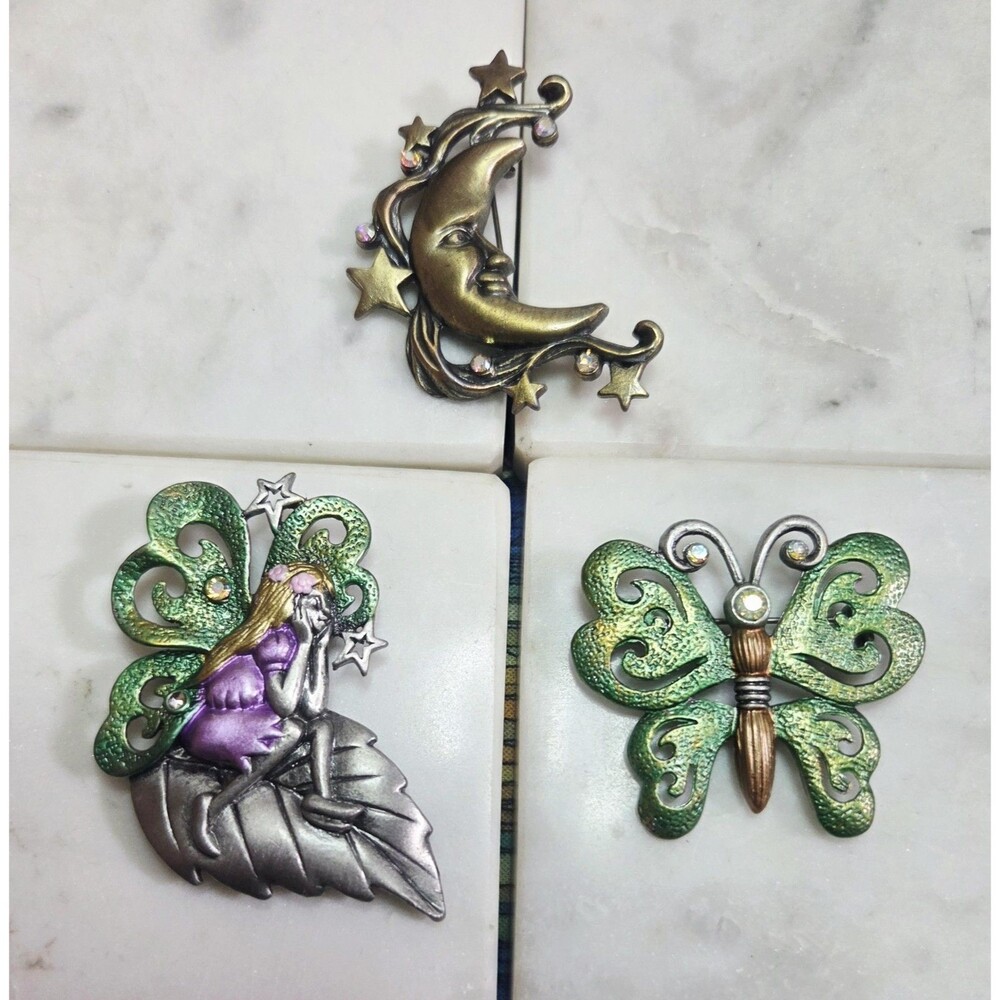 Lot of 3 Darling Dash Brooch Pins - Pixie Fairy, Moon, Sun & Stars, Butterfly